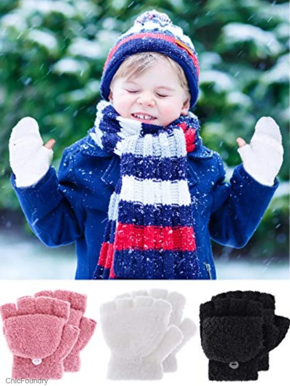 3 Pairs Kids Warm Knitted Winter Gloves Full Fingers for Boys Girls 4-12